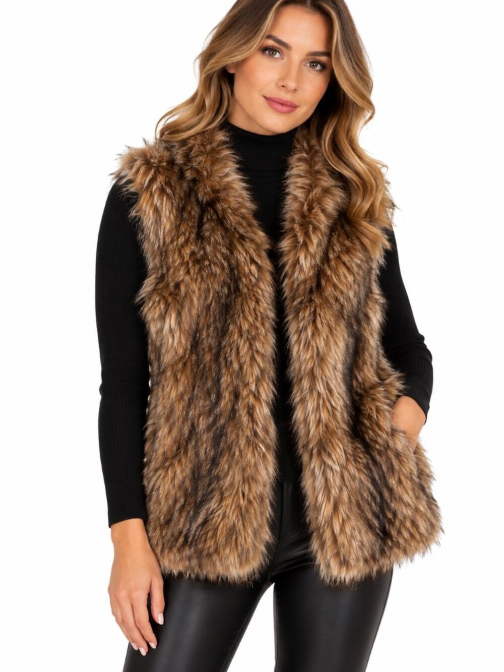 Michael Kors Brown Faux Fur Vest Size L Raccoon Style Long Hair Open Front